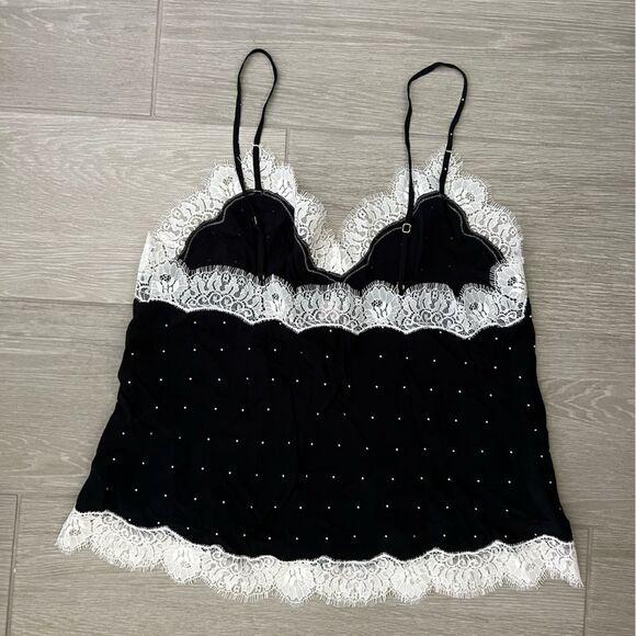 VICTORIAS SECRET CAMI Top Slip Polka Dot Black White Lace Trim size L - Picture 6 of 8